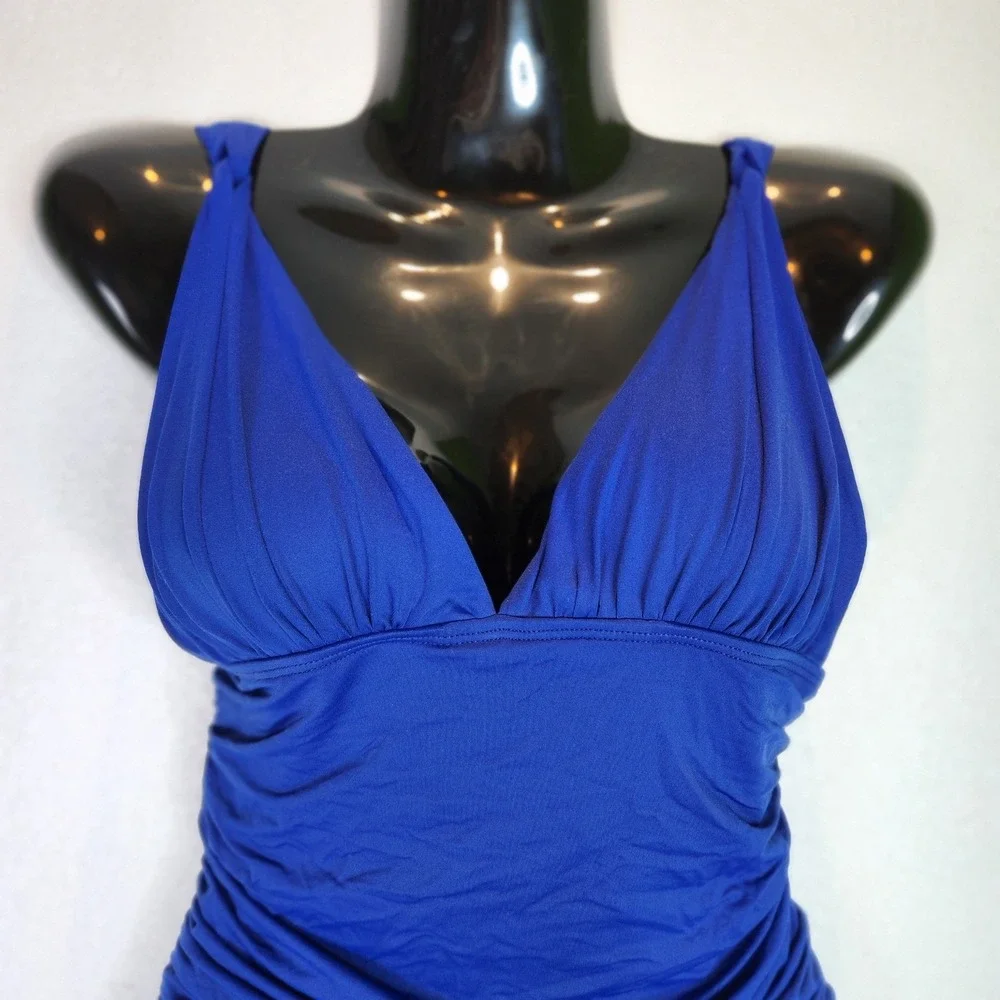 Lauren Ralph Lauren Blue Ruched V-Neck One‎ Piece Swimsuit Size 8